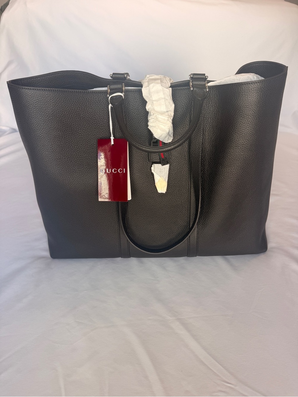 Gucci Piuma Men’s Unisex Leather Web Maxi Tote Black NWT 816753
